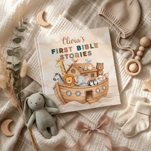 Personalized First Bible Stories Book with Name, Custom Baptism Gift for Boy Girl, Christian Children's Storybook, Christening Keepsake Gift