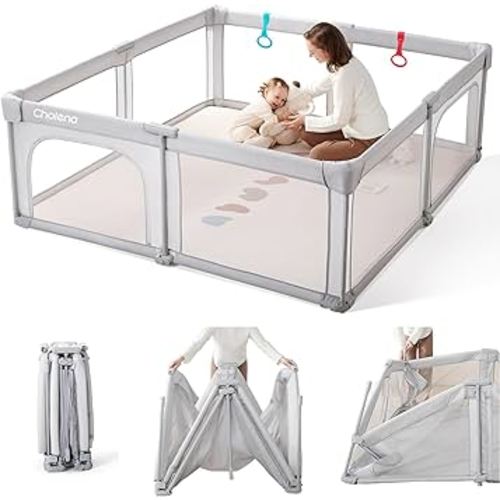 Foldable Baby Playpen,Portable Indoor & Outdoor Playpen for Babies and Toddlers,59”x71”Extra Large Play Pen with Gate,Collapsible Baby Fence with Travel Bag,Light Grey