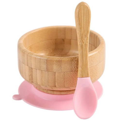 Mamimami Home Baby Bamboo Bowls with Suction and Spoon Set - 2PC;BPA Free (Pink)