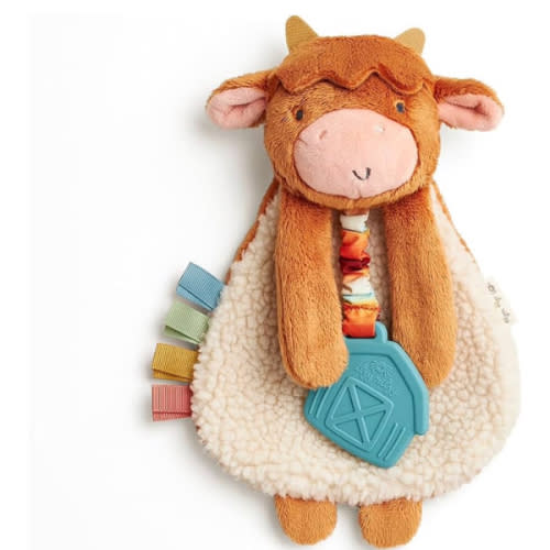 Itzy Ritzy - Itzy Lovey Including Teether - Baby Lovey with Teether, Textured Ribbons & Dangle Arms - Features Crinkle Sound, Sherpa Fabric and Minky Plush (Highland Cow)