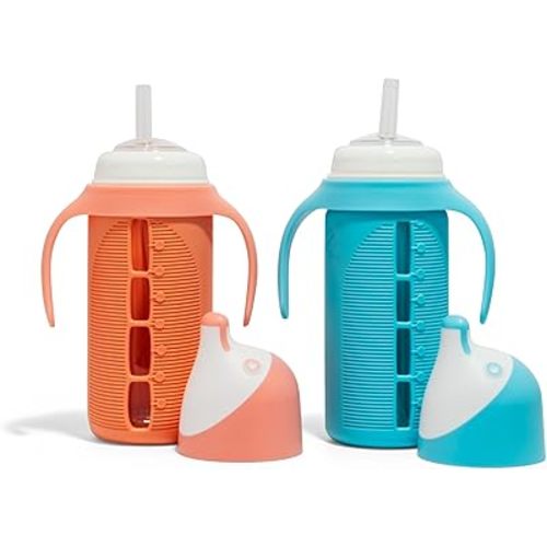 Set of 2 - Glass Sippy Cup for Toddlers - The Luca | Spill-Proof | Silicone Straw | Blue & Orange | 8 oz | Liquids Never Touch Plastic | Removable Handles… (Blue)