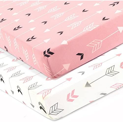 Stretchy Fitted Crib Sheets Set-Brolex 2 Pack Portable Crib Mattress Topper for Baby Girls Boys,Ultra Soft Jersey,Full Standard,Pink & White Arrow