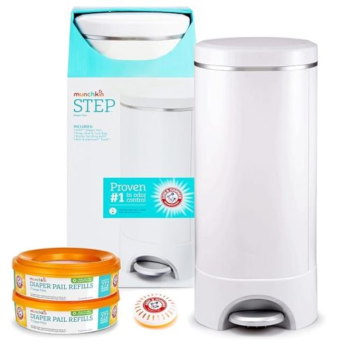 Munchkin® Step™ Diaper Pail Powered by Arm & Hammer, 1 in Odor Control, Award-Winning, Includes 1 Snap, Seal & Toss™ Bag, 2 Refill Rings, 1 Starter Refill Ring, and 2 Puck™ Baking Soda Cartridges