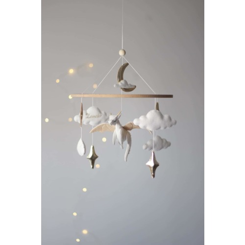 Dreamy Dragon Flight Baby Mobile - Custom Name, Clouds & Stars - Customizable baby shower gift
