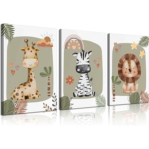 SUAXTCCR 3Pcs Boho Nursery Canvas Wall Art Jungle Safari Animals Wall Decor Pictures Kids Room Giraffe Lion Zebra Prints for Baby Boy Girl Children's Room Bedroom Decoration, 12x16 inch