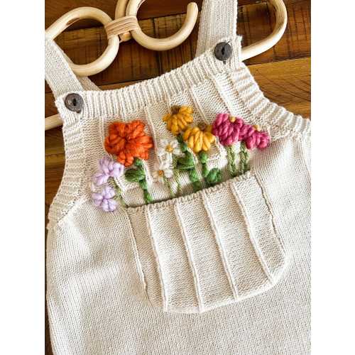 Custom Hand Embroidered Pocket of Flowers Knit Romper, Custom Romper, pocket Romper, wild one, Milestone, children’s clothes, gift, summer