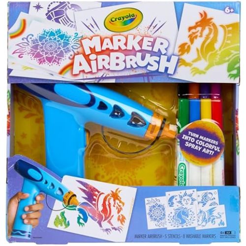 Crayola Marker Airbrush Spray Art Kit, Battery-Powered Sprayer with 8 Washable Markers & 5 Stencils, DIY Craft Set for Kids, Gift for Boys & Girls, Ages 6+