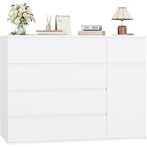 FOTOSOK White Dresser with 19.5'' Deeper Depth, Modern Dresser White Chest of Drawers with Door for TV Stand, Deep Drawers and Wide Storage Space