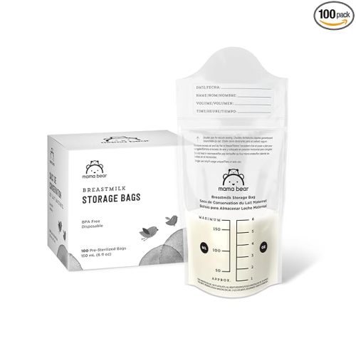 Amazon Brand - Mama Bear Breastmilk Storage Bags, Pre-Sterilized, BPA Free, Double Zips, for Refrigeration and Freezer Storage, 100 Count, 6 fl oz