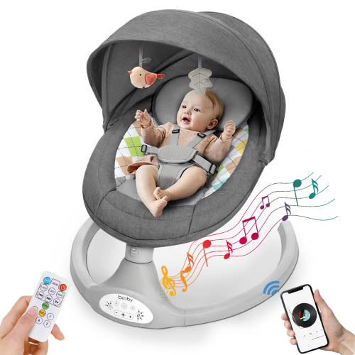 Electric Baby Swing, Bioby Infant Swing Rocker with Remote Control, 5 Sway Speeds, Bluetooth Music, Grey
