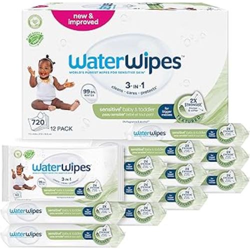 WaterWipes Sensitive+ Baby & Toddler Wipes, 3-In-1 Cleans, Cares, Protects, 99.9% Water, Textured Clean, Unscented & Hypoallergenic, 720 Count (12 Packs)