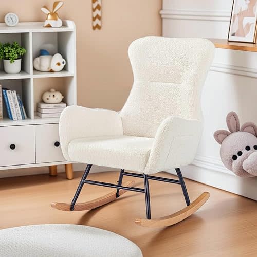 Nursery Rocking Chair,Upholstered Glider Rocker with High Backrest for Living Rooms, Bedrooms, Offices (Beige Teddy)