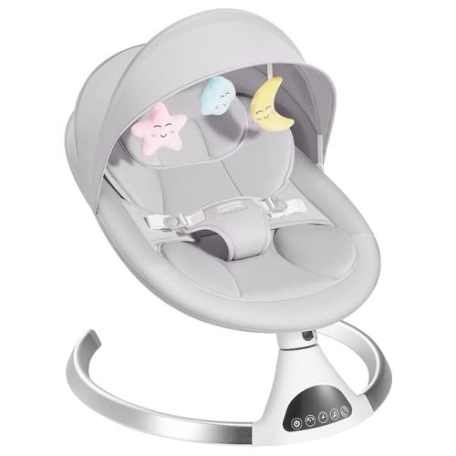 Electric Baby Swings for Infants to Toddler, Portable Babies Swing for Newborn Boy and Girls, Motorized Bluetooth Swing, Music Speaker with 12 Preset Lullabies(LightGray)