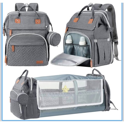 DERJUNSTAR Baby Diaper Bag Backpack with ChangingStation-Large Capacity Baby Bag for Boys & Girls, USBCharging Port, Pacifier Case, sunshade & Toy Bar,Waterproof, Pale Grey