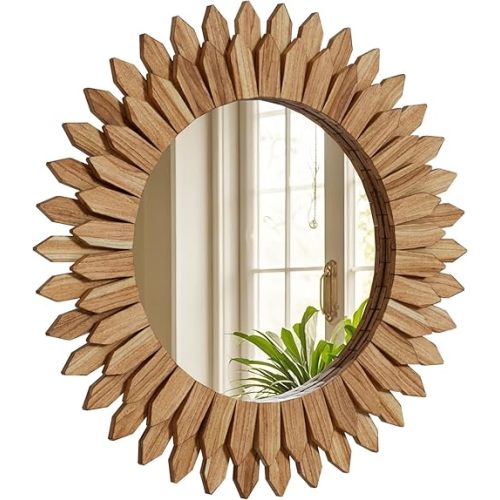 24 Inch Brown Boho Wall Decor Sunburst Mirror - Round Wooden Wall Decor, Handmade Rustic Circular Mirror for Living Room, Bedroom, Entryway, Office