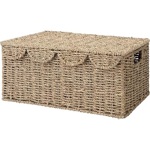 StorageWorks Scalloped Edge Wicker Basket, Natural Seagrass, 15" L x 11 ¼" W x 7" H
