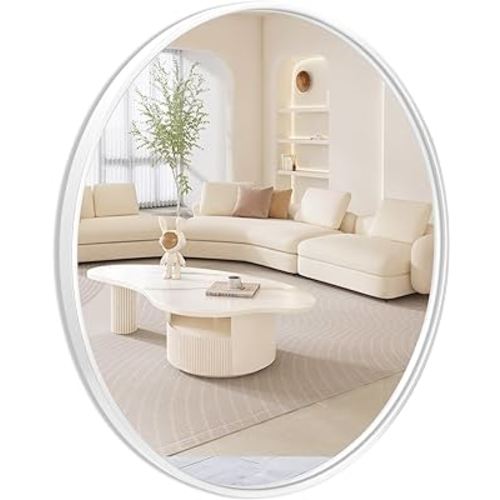 28'' White Round Mirror,Large Circle Wall Mirror Decor for Vanity Washroom Bathroom Entryway Living Room,with Metal Frame