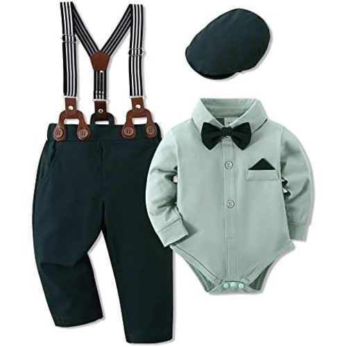 WESIDOM Baby Boy Clothes 0-18M Newborn Infant Gentleman Outfit, Shirt+Bowtie+Beret+Suspender Pant Baby boy Suit Clothing Set