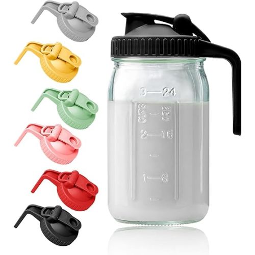 32oz Glass Pitcher with Lid & V-shaped Pour Spout - 1 Quart Breastmilk Pitcher Double Leak Proof, Creamer Container for Sun Tea, Juice, Cold Brew Coffee, Breastmilk Storage Container