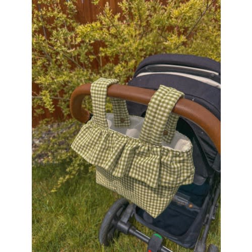 Green Gingham Check Ruffle Stroller Bag, Handmade Snap-On Cotton Diaper Stroller Basket