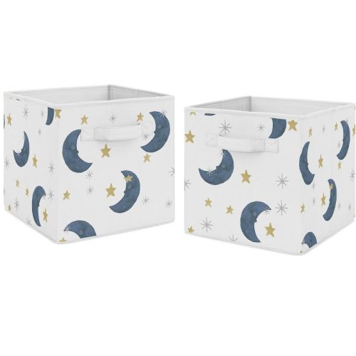 Sweet Jojo Designs Boy Or Girl Gender Neutral Unisex Set Of 2 Kids' Decorative Fabric Storage Bins Bear And Moon Blue Gold And Grey