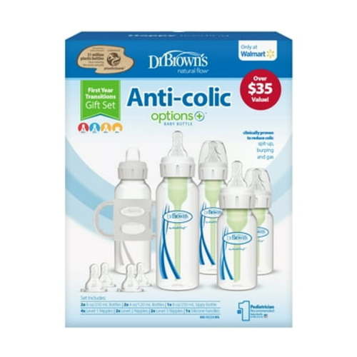 Dr. Brown's Anti-Colic Newborn Baby Bottle Gift Set, Clear with Gray, Plastic