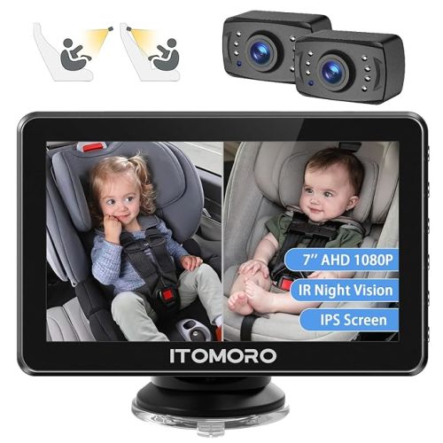 Itomoro Baby Car Camera, Dual Camera 7 inch Display Car Baby Camera with 2 IR Night Vision Camera, Easily Install Car Camera for Baby with 1080P Crystal Clear Wide View for Rear Facing Seat - Dual cameras