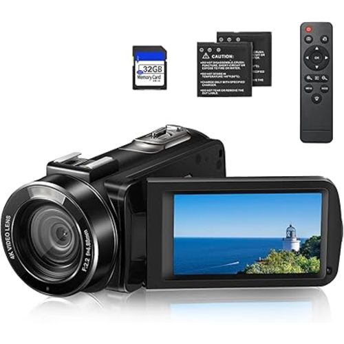 4K 30FPS 56MP Video Camera Camcorder with16X Digital Zoom, WiFi, 2.4G Remote Control, IR Night Vision, Touchscreen, 2 Batteries and 32GB SD Card
