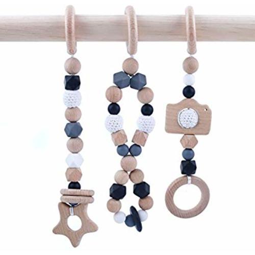HAO JIE Baby Play Gym Toys - Set of 3 Modern Beech Wooden Teether Baby Activity Gym Hanging Toy Silicone Teething Beads - XD-GZ-001