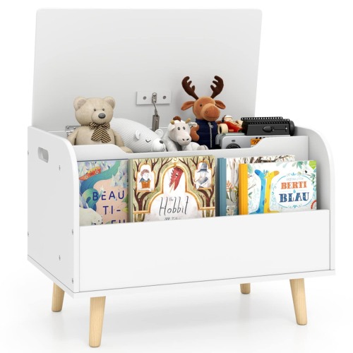 SUGIFT 23-in Wooden Kids Toy Box with Front Bookshelf Slow-Close Hinge and Pine Wood Legs