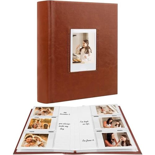 Photo Album for Fujifilm Instax Mini Camera, 180 Pockets Photo Album with Writing Space for Polaroid, Leather Cover, 2x3 Photo Album for Instax Mini 12 11 9 40 8 7 Evo LiPlay Instant Camera (Brown)
