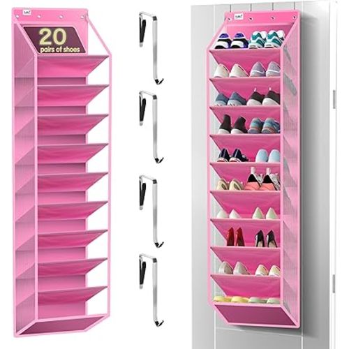 10 Tier Hanging Shoe Rack - Heavy Duty Behind The Door Hanging Shoe Rack, Sturdy Oxford Cloth, 20+ Pairs Over The Door Shoe Cabinet for Boots and Sneakers - Save 50% Closet Space! (Pink)