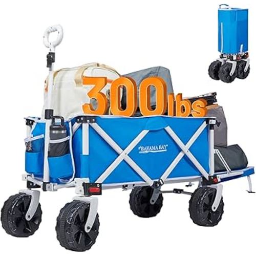 49 Inch Extra Long Beach Wagon with Big Wheels for Sand, Collapsible Utility Beach Cart Heavy Duty Folding Wagon,Ideal for Outdoor Sand Camping Garden Pet