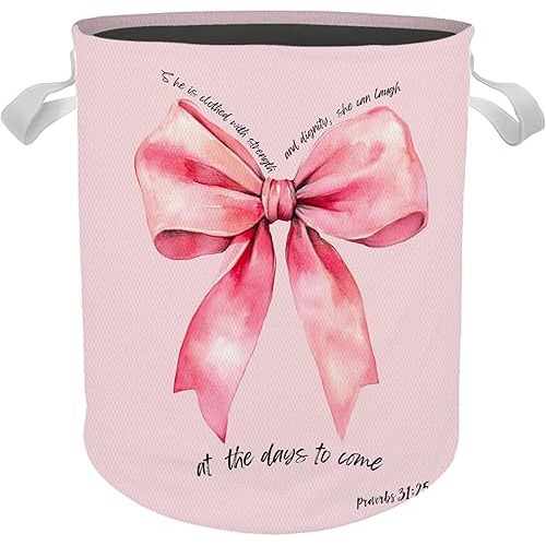 Coquette Pink Bow Laundry Basket, Proverbs 31 Woman Bible Verse Toy Storage Bin Laundry Hamper Waterproof Collapsible Clothes Organizer for Bedroom Bathroom Girls Room Nursery Dorm