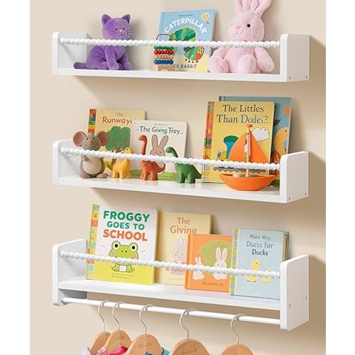 Nursery Book Shelves for Wall 24inch Hanging Bookshelf, White Kids Bookshelves Natural Pine Wood Wall Decor, Floating Shelf Organizer Set of 3 for Kids Room, Nursery Decor, Toy Storage