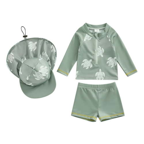 Toddler Baby Boy Swimsuit UPF 50+ Rash Guard Shark Print Top+Swim Trunks +Hat 3Pcs Set Sun Protection Bathing Suit Swimwear