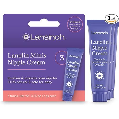 Lansinoh Lanolin Nipple Cream, Safe Nipple Balm for Baby and Mom, Breastfeeding Essentials, Lanolin Lip Balm, 3 Mini Tubes, Each 0.25 Ounces - 0.25 Ounce (Pack of 3)