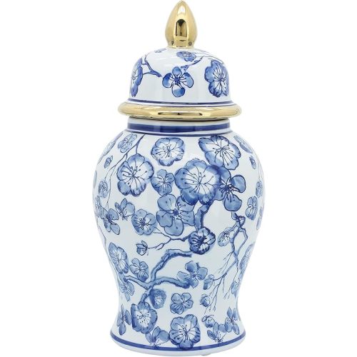 "Sagebrook Home 15425-03 Temple Jar W/Hibiscus, Blue & White, Blue/White", "8""l x 8""w x 14""h"