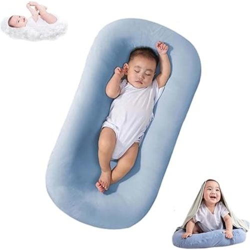 Baby Lounger Pillow for Newborn 0-24 Months with Removable Lounger Cover - Soft Breathable - Washable (Blue)