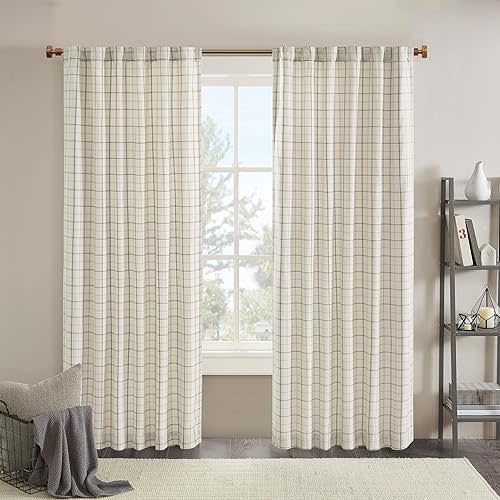 Madison Park Anaheim Cabin Plaid Curtain Window, Thermal Insulated Fleece Lining, Living Room Decor Room Darkening Drape for Bedroom, 1-Single Panel Pack, 50" x 84", Rod Pocket, Natural