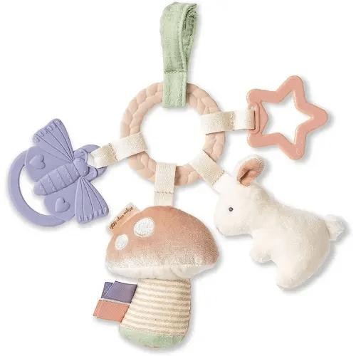 Itzy Ritzy Teething Activity Toy - Bitzy Busy Ring Features Braided Teething Ring and Dangling Toys; Includes Teether, Textured Ribbons, Crinkle Sound & Jingle Bell, Bunny RNG8497
