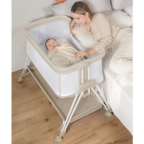 Bedside Bassinet for Baby, 4-Side Mesh Bassinet Bedside Sleeper with Wheels and Storage Tray,7 Height Adjustable Bedside Crib for Newborn/Infant, Beige,Mattress Included