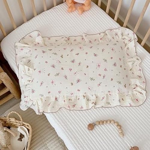 BuLuTu Muslin Cotton Baby Pillow Case, Flower & Sheep Pattern, 14"x20"