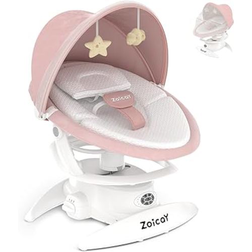 Zoicay 3-in-1 Baby Swings for Infants to Toddler with Motion Detection, Portable Baby Swing & Removable Swing Seat, BT Enabled & 360°Rotating Seat and Manual Remote with 3 Swing Modes & 5-Speeds(Pink)