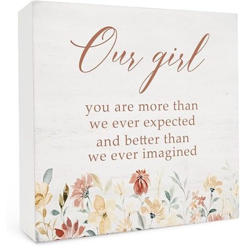 Wildflower Baby Girl Nursery Wooden Box Signs - Baby Girl Nursery Wooden Signs for Home Decor, Floral Nursery Shelf Decor, Our Girl Farmhouse Table Decor, Nursery Decor for Girls, 5x5 Inches