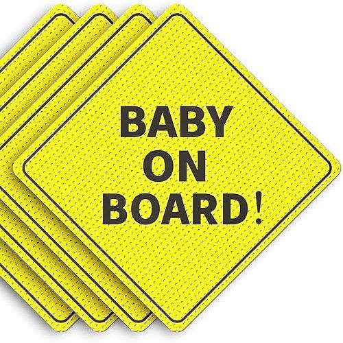 ASSURED SIGNS Baby On Board Sticker Sign - Essential for Cars - 4 Pack, 5" by 5" - Bright Yellow and SEE-THROUGH when Reversing - Best Safety Signs - Non-Magnetic Sticker - Durable and Strong Adhesive