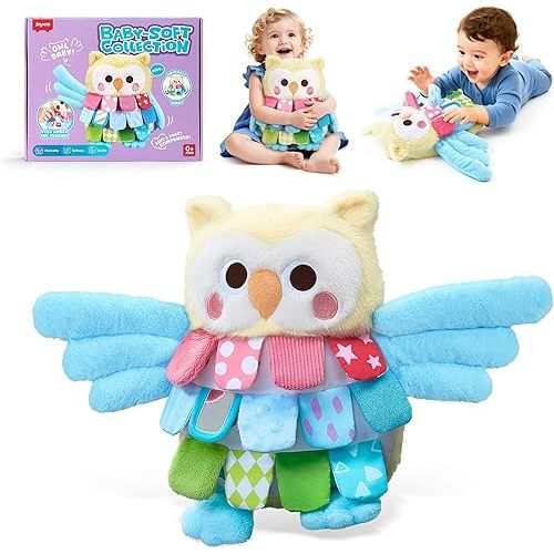 JoyCat Baby Tummy Time Toys 0-12 Months, Sensory Owl Stuffed Animal, Soft Montessori Infant Toy with Textured Crinkle Mirror, 13 Inch Carseat Toy for Newborn Boy Girl Shower