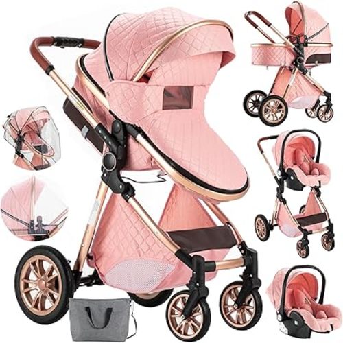 3 in 1 Baby Stroller Travel System Combo Set, Reversible Infant Stroller with One-Click Folding, Convertible Newborn Toddler Pram Carriage with Aluminum Frame (MGV9-PINK Without Base)
