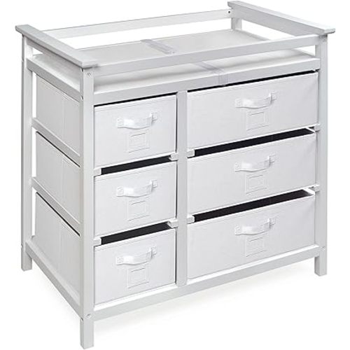 Badger Basket Modern Baby Changing Table - Diaper Station Organizer with 6 Storage Drawers, Reversible Baskets, Safety Rails - Baby Nursery Furniture with Changing Pad and Belt - White