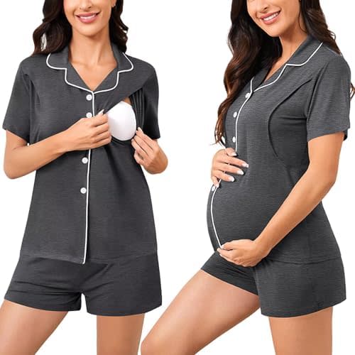 SWOMOG Womens Maternity Nursing Pajama Sets Breastfeeding Sleepwear Postpartum Lounge Sets Double Layer Short Sleeve Pjs